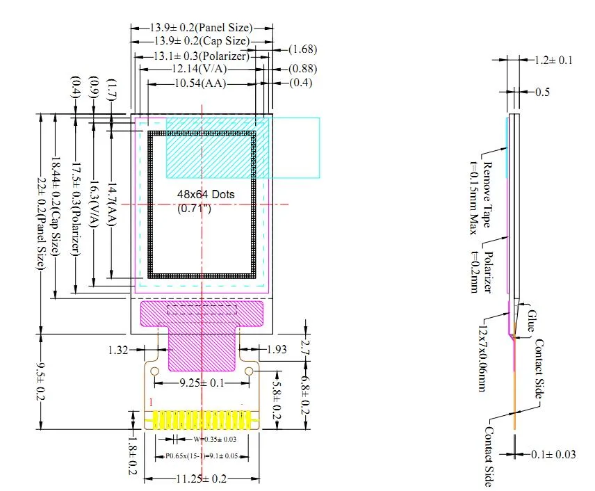 0.71 Inch Mono OLED Display with White Color and 48*64 Resolution