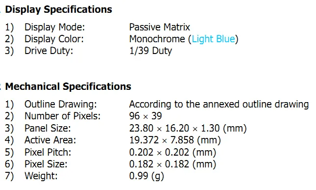 0.82 Inch Light Blue Pm OLED with Resolution 96X39