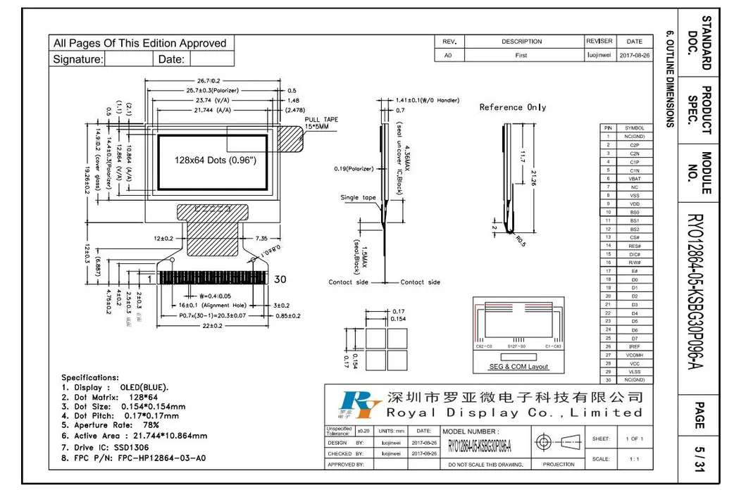 0.96′′ 128X64 Blue Graphic OLED Display LCD Module 30 Pin with SSD1306 IC
