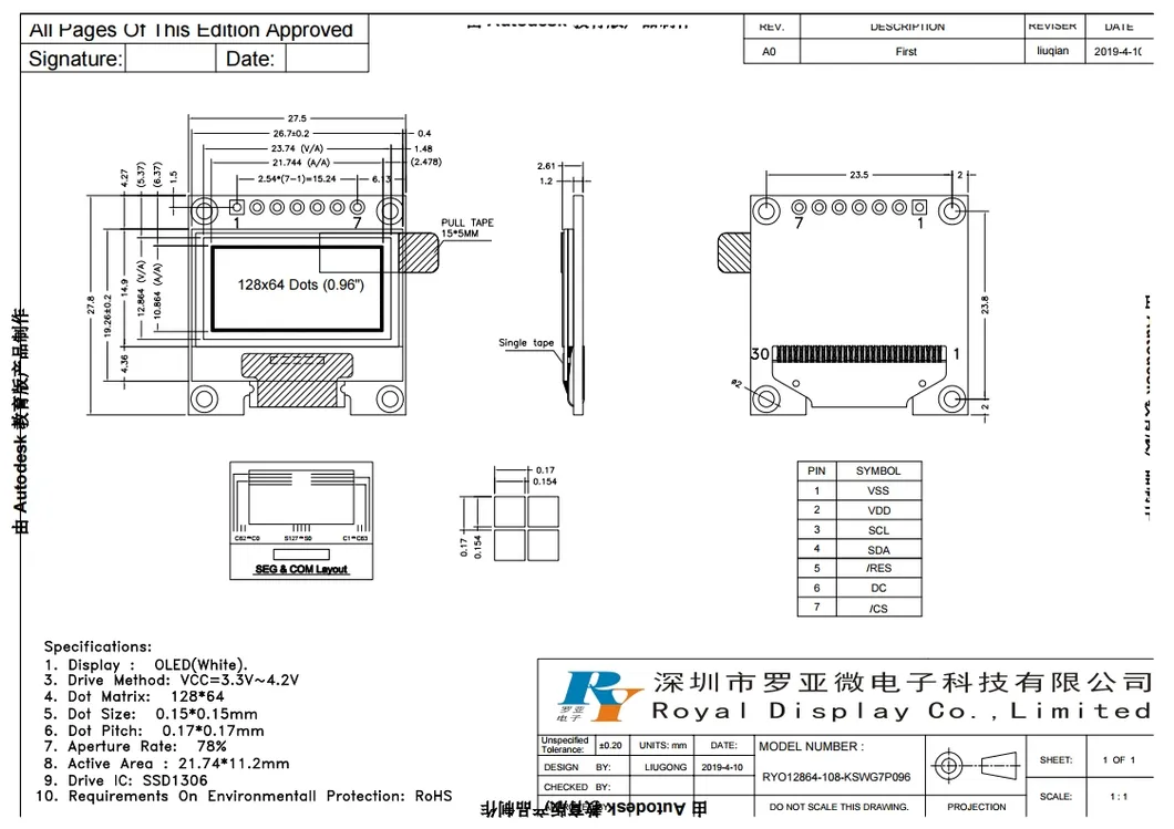 0.96" 128X64 OLED Display for Blood Oxygen Testing Equipments