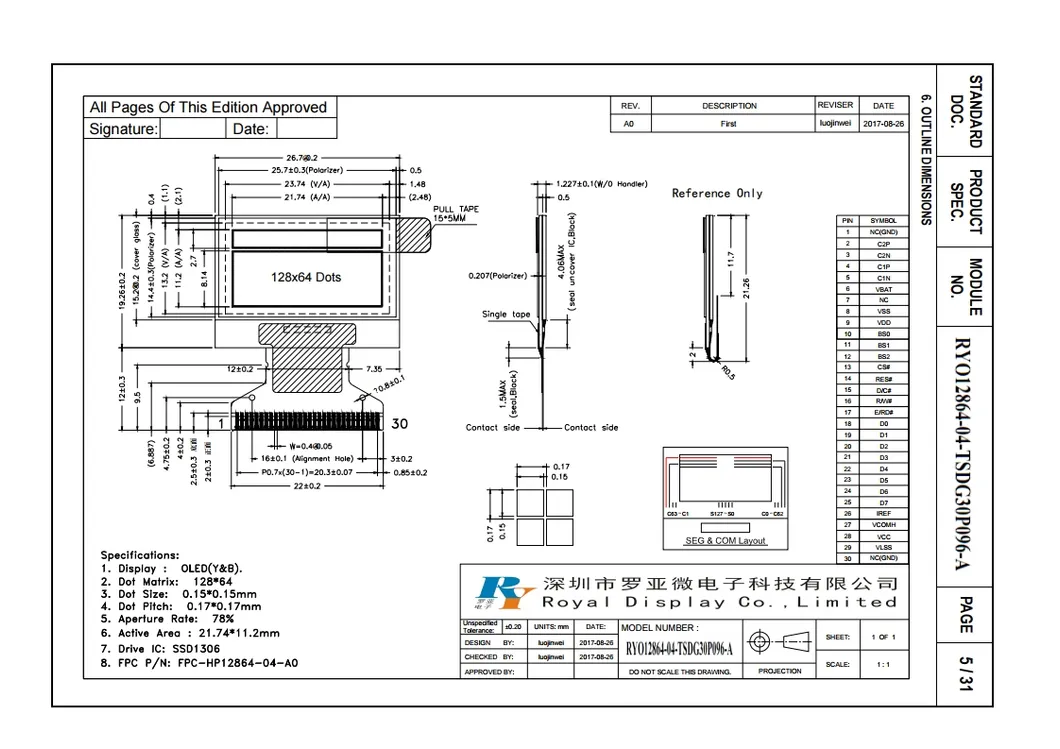 0.96′′ Inch 128X64 4-Wire Serial Interface, I2c Interface SSD1306 OLED LCD Screen for Smart Watch