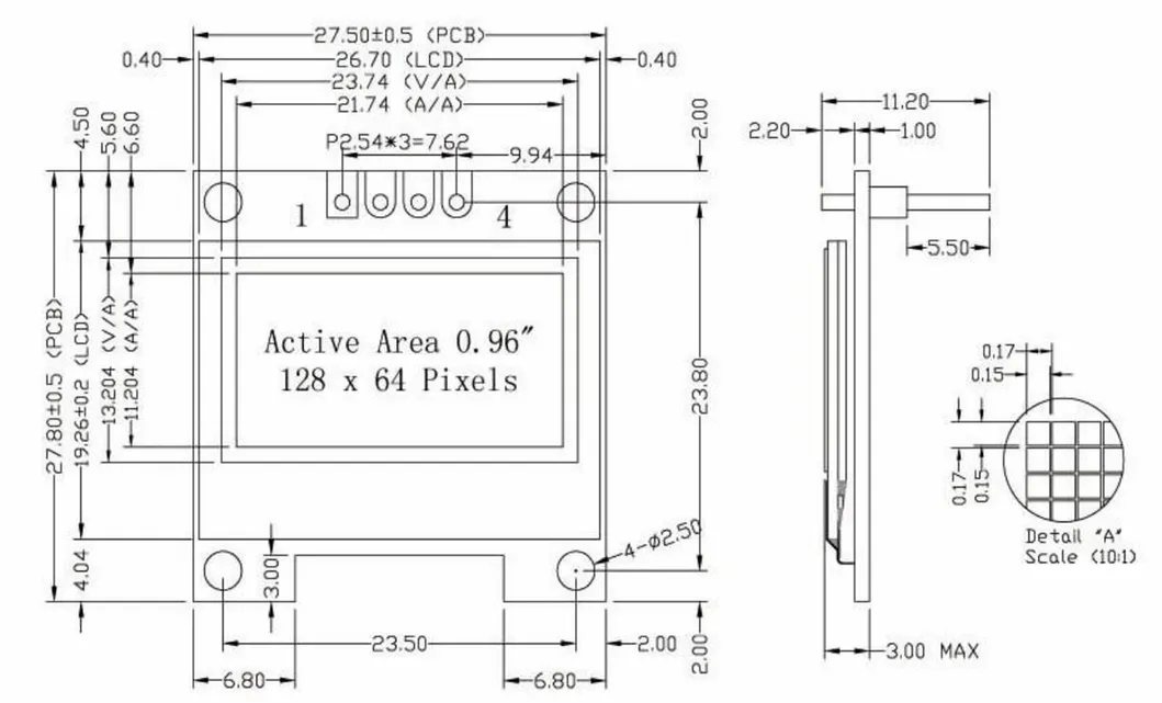 0.96-Inch Monochrome OLED Module with 128X64 Pixels, 120 Luminance