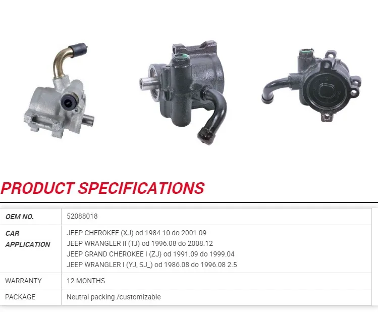 52088018 Power Steering Pump for Jeep Cherokee Xj Od 1984.10 Do 2001.09